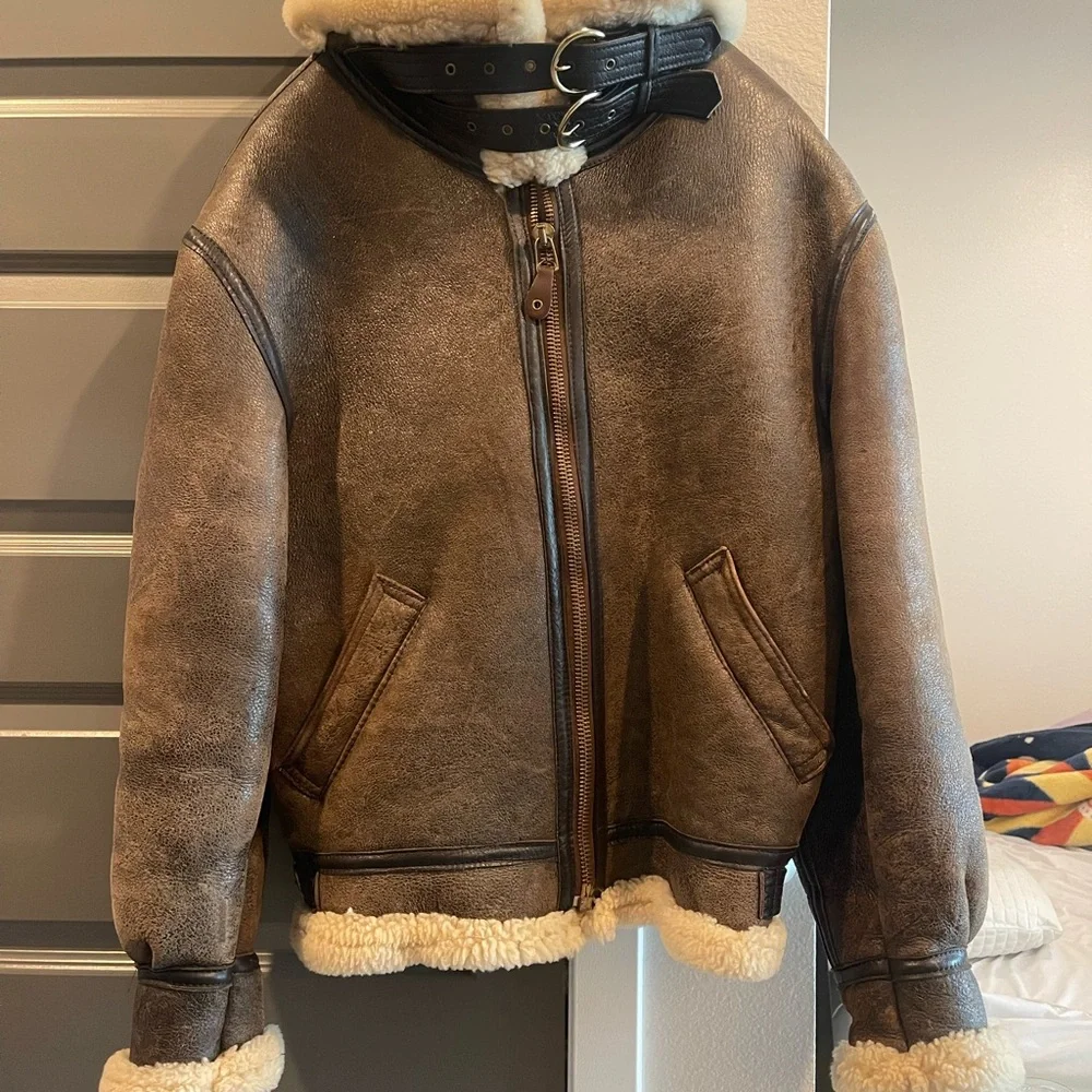 Men's Shearling Leather B-3 Aviator Jacket - Picture 3 of 3